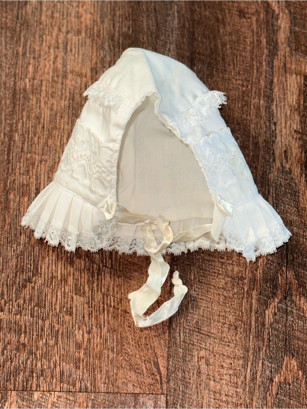 Vintage White Lace Baby Bonnet - Cream Trim